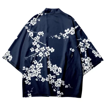 Синяя уличная одежда с принтом Белой сливы Bossom, Летнее повседневное японское кимоно, пляжные шорты, кардиган Юката Харадзюку