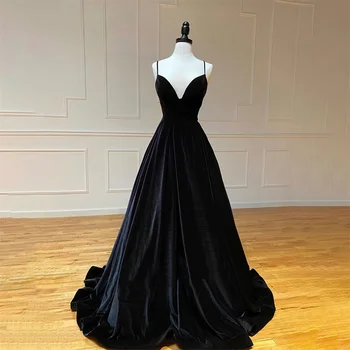 Платья для особых случаев Lily Black трапециевидной формы, Бархатное длинное вечернее платье на бретельках с V-образным вырезом, вечерние платья vestidos de fiesta