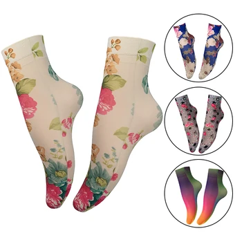 Сетчатые носки с принтом для женщин, летняя повседневная уличная одежда, прозрачные носки до щиколотки, эластичные носки с милыми цветочными цветами для девочек в стиле Лолиты