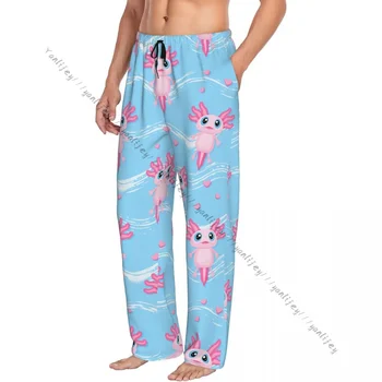 Мужские повседневные пижамные штаны для сна с милым аксолотлем и маленькими сердечками, свободные брюки для отдыха, удобная одежда для сна