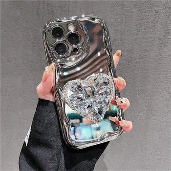 Противоударный 3D-держатель кольца с бриллиантом в виде сердца, подставка, чехол для телефона для iPhone 14 15 Pro Max 12 Pro 13 11, симпатичный роскошный чехол с покрытием