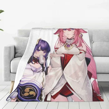 Genshin Impact Фланелевое винтажное одеяло из аниме Яэ Мико для домашнего гостиничного дивана 125*100 см, Плюшевое тонкое одеяло