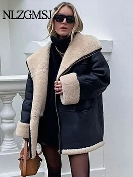Nlzgmsj TRAF 2024 Женская кожаная меховая интегрированная куртка Пальто Модная винтажная уличная одежда на молнии с длинным рукавом Осень Зима