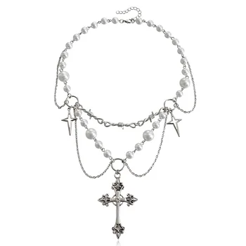 Дизайнерское двухслойное ожерелье с ярким жемчугом и кисточкой в виде креста, женский джокер