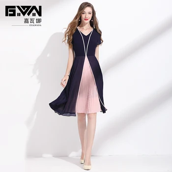 Шифоновое платье с V-образным вырезом, женское 2023, новая летняя мода, цветная контрастная строчка, темперамент, короткий рукав, разрез, плиссированная юбка трапециевидной формы
