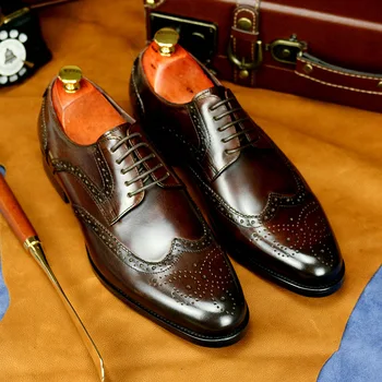 Phenkang Мужские итальянские оксфордские туфли из натуральной кожи с острым носком на шнуровке, свадебные деловые мужские туфли на платформе