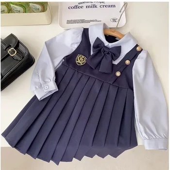 Vestido  uniforme escolar para niñas, ropa  fiesta de cumpleaños de princesa, manga larga, azul marino, estilo Preppy, 1-12