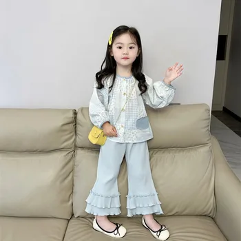 8582 Детская одежда Рубашка Или брюки Для Девочек Весна 2024 Новая Корейская Пасторальная Кукольная рубашка С круглым вырезом Или Молочно-Голубые Расклешенные брюки