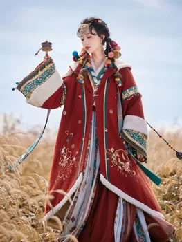 Верхняя куртка с перекрестным воротником Hanfu Xuannv, юбка с улучшенной вышивкой, плюшевый халат с короткой спинкой, повседневный теплый зимний костюм