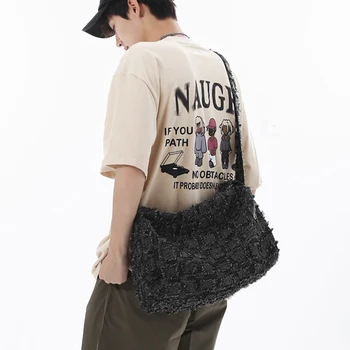 Мужская клетчатая сумка-тоут, винтажная сумка большой емкости, холщовая сумка с кисточкой, простая сумка в клетку для женщин и мужчин