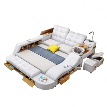 Каркас Многофункциональной Массажной Кровати из Натуральной Кожи Nordic Tatami Camas Ultimate Bed Tech Smart Beds со Светодиодной Лампой Bluetooth Audio