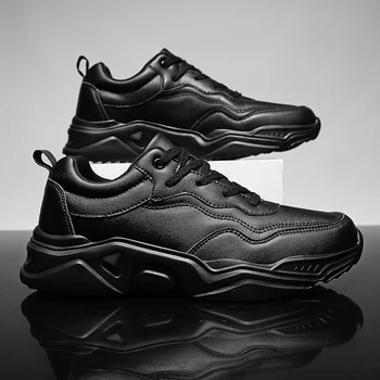 Черные массивные кроссовки Мужские из искусственной кожи, водонепроницаемые зимние Теплые плюшевые мужские кроссовки для бега, мужская повседневная обувь, размер 46