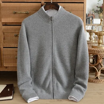 100% чистый кашемировый свитер, мужской осенне-зимний кардиган на молнии со стоячим воротником, утолщенный теплый свитер, повседневная куртка высокого класса