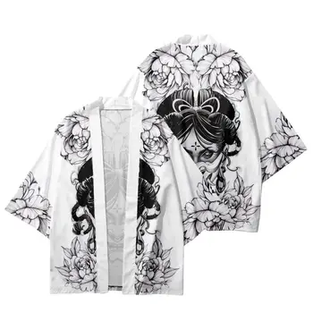 Белый Мужской Женский кардиган с цветочным принтом Праджня, косплей, уличная одежда Юката, Свободное Японское кимоно, Пляжные шорты, рубашка Хаори