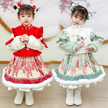 Китайский новогодний костюм принцессы Тан с вышивкой кролика для девочек, зимнее теплое платье из плотного бархата