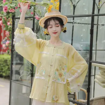 Оригинальная женская летняя повседневная рубашка Hanfu для династии Мин, однотонная короткая рубашка с квадратным вырезом и коротким рукавом Hanfu, комплект из 5 предметов