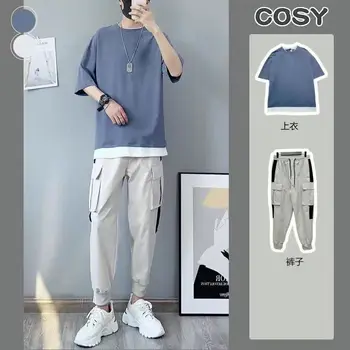 мужской комплект, летняя новая корейская поддельная футболка из двух частей с коротким рукавом, мужские брюки оверсайз, Спортивные брюки, студенческий красивый повседневный костюм