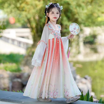 Детская одежда Hanfu с вышивкой феи, древнекитайский костюм, представление для народных танцев, традиционное платье для девочек
