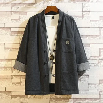 Кимоно в японском стиле, Самурайские халаты Хаори, китайские куртки-кардиганы Hanfu, модные топы в стиле ретро, джинсовые пальто, повседневная блузка.