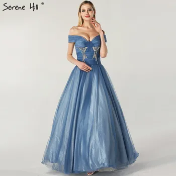 Синие сексуальные бальные платья с открытыми плечами, платья для выпускного вечера 2023, платья для выпускного вечера без рукавов из тюля, расшитого бисером и кристаллами, Serene Hill BLA6678