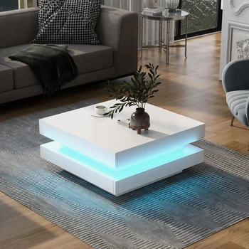 Квадратный журнальный столик белого цвета - современный технологический стиль с 16-цветной светодиодной подсветкой, 70x70x36 см