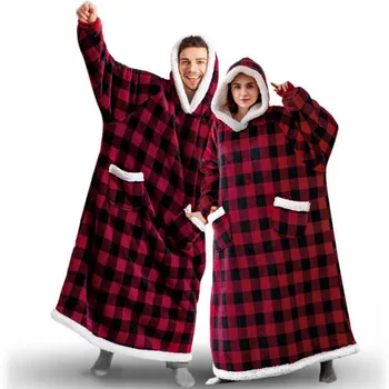 Рождественская толстовка с капюшоном для пары, толстое флисовое Зимнее одеяло с капюшоном, пижама, пара мужчин и женщин, теплый длинный халат, носимое одеяло для телевизора, халат