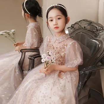 Изысканное платье принцессы с блестками, Детские элегантные свадебные платья для выпускного вечера с коротким рукавом, Детская праздничная одежда из тюля