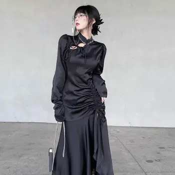 Женские Длинные Китайские платья Сексуальный Черный Ципао Cheongsam Y2K с высоким разрезом, платья Нового стиля, Женское Темное Бандажное платье, одежда