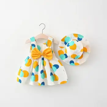 Детское платье с большим бантом, прекрасная летняя одежда для новорожденных девочек, милые хлопковые платья в горошек без рукавов для малышей + солнцезащитная шляпа, комплект одежды для новорожденных