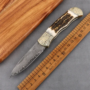 Лезвие из дамасской стали, медно-никелевый сплав + ручка из оленьего рога, складной острый тактический инструмент для выживания на открытом воздухе, охотничий нож, складной ножик