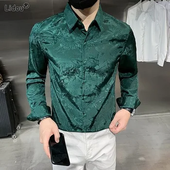 Красивые однотонные тонкие рубашки с прямым отложным воротником, модная весенне-летняя деловая повседневная мужская одежда с принтом на пуговицах 2023 года.