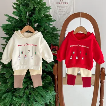 Новогодний комплект одежды для маленьких девочек, Рождественский костюм для маленьких мальчиков и девочек, Плюшевый пуловер с капюшоном и Мультяшным принтом