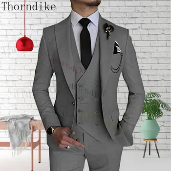 Модные Мужские костюмы Thorndike Slim Fit Деловые Костюмы на одной пуговице Темно-серый Смокинг Жениха Для Свадебной вечеринки (Блейзер + брюки + жилет)