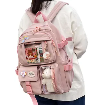Рюкзак Kawaii, школьная сумка для девочек, эстетичный рюкзак большой емкости с булавкой Kawaii для школы косплея