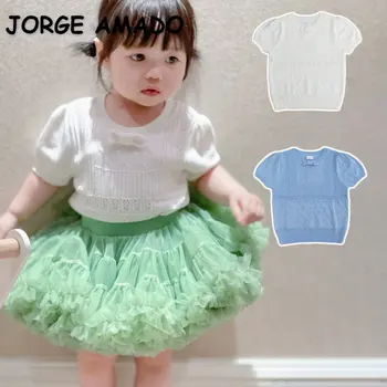 Летняя футболка для маленьких девочек с короткими рукавами, однотонный бежевый, светло-голубой, круглый вырез горловины, трикотажные рубашки, Детская одежда E3300