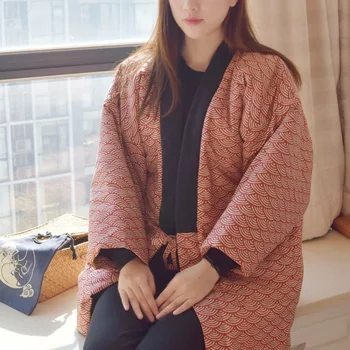 Зимнее женское кимоно Хаори, толстая теплая куртка с хлопковой подкладкой, Осенняя Повседневная домашняя одежда, Женское однотонное свободное пальто M2117