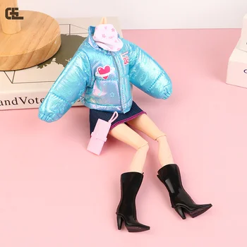 1 комплект, меняющий куклу на зиму, Синяя хлопчатобумажная куртка, джинсовая короткая юбка, шарф, комплект сумок для обуви