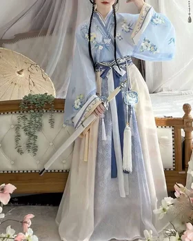Платье Hanfu Женское Древнекитайское Традиционное Платье Hanfu Женская Фея Косплей Костюм 2023 Лето Сине-белое платье Hanfu Плюс Размер XL