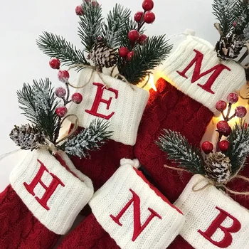 Подвесные украшения в виде рождественской елки для дома, Рождественский подарок, рождественские носки, красные буквы алфавита в виде снежинок, Рождественский вязаный чулок