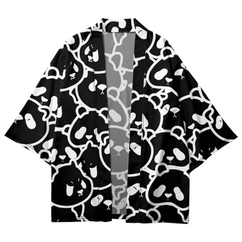 Летние Мужские женские японские Кимоно Пляжные шорты Уличная одежда с мультяшным принтом Рубашка Юката Кардиган Хаори Косплей