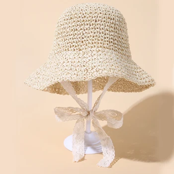 Детская соломенная шляпка с кружевным бантом, летняя солнцезащитная панама, пляжная кепка принцессы для путешествий для девочек