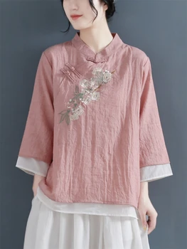 1 шт. Весенне-летняя женская поддельная хлопковая льняная рубашка с китайскими пуговицами в стиле ретро, вышитая блузка, топы, подарок для девочки