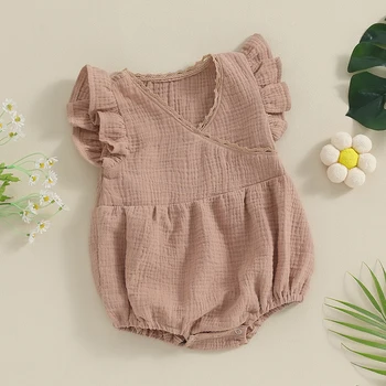 Летний комбинезон для новорожденных девочек хлопчатобумажная одежда для новорожденных девочек без рукавов с V-образным вырезом и кружевной отделкой, однотонный комбинезон для малышей