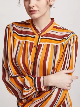 Женская блузка в цветную полоску из 100% шелка с воротником-стойкой, однобортная Свободная рубашка Весна-лето 2023, женская рубашка с длинным рукавом