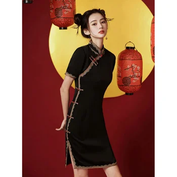 Женское черное винтажное платье Чонсам с кружевами и коротким рукавом, приталенное повседневное платье, Элегантное китайское традиционное короткое ципао от S до XXL