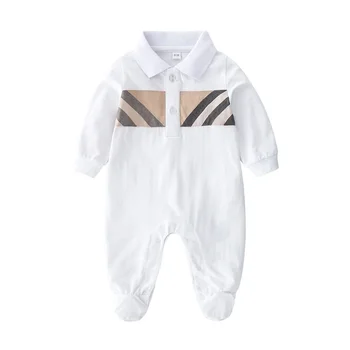 Новый весенне-осенний модный стиль, одежда для новорожденных, хлопковый комбинезон в клетку и полоску с длинными рукавами для мальчиков и девочек 0-24 месяцев