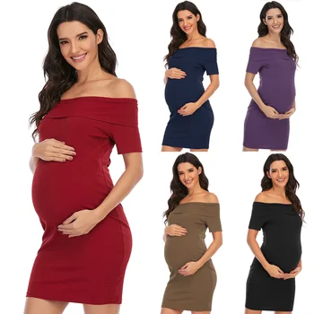Летнее платье для беременных с открытыми плечами, женская одежда для беременных с рюшами по бокам, однотонное облегающее платье для беременных длиной до колен