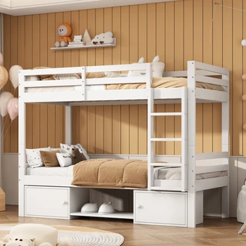 Детская двухъярусная кровать 90x200 см, Многофункциональная кровать с полками для обуви и запирающимися шкафчиками, Двухъярусная кровать, разделенная на 2 односпальные кровати, Гибкое использование, белый