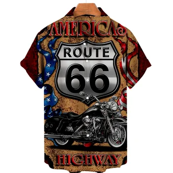 2022 Летние Мужские Рубашки Гавайские Рубашки Мужские Route 66 С 3d Принтом Свободные Дышащие Рубашки Для Мужчин Ретро Рубашки Мужские С Коротким рукавом