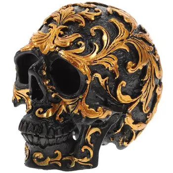 Ручная работа из смолы, черная голова черепа, золотая резьба, креативное украшение, скульптура черепа, украшение для дома на Хэллоуин (золотой)